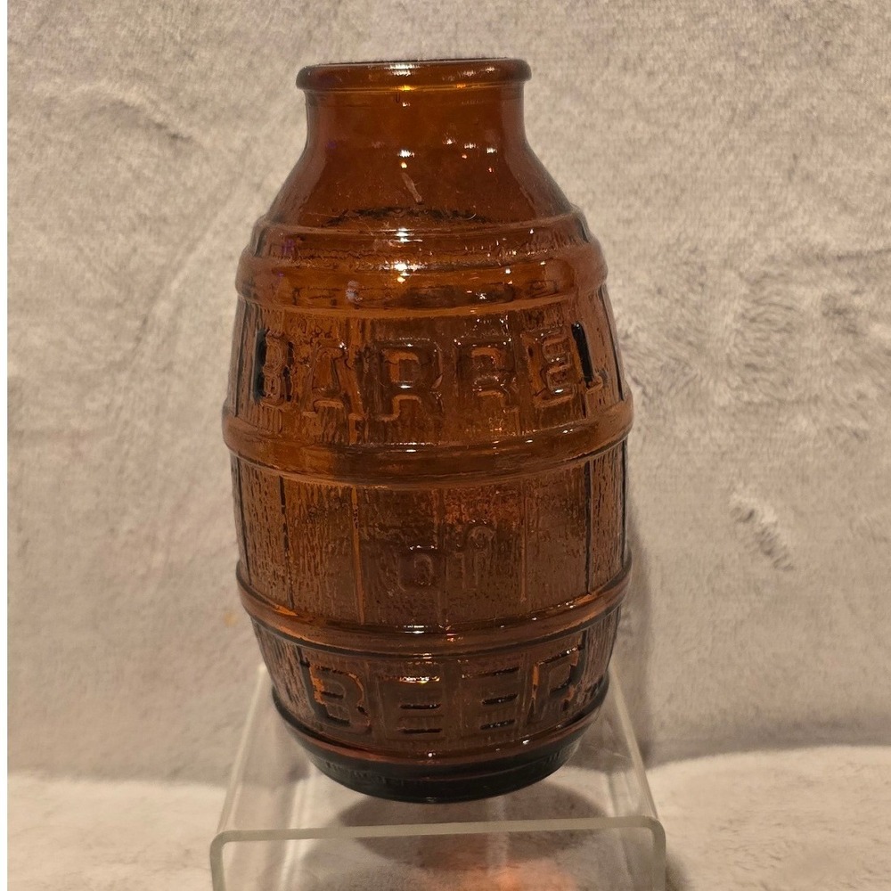 Vintage Amber Glass Barrel of Beer Bottle Embossed Wood Grain Stubby Brown